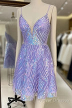 Sparkly Spaghetti Straps V-Neck Sequin Short Purple Homecoming Dress Online,