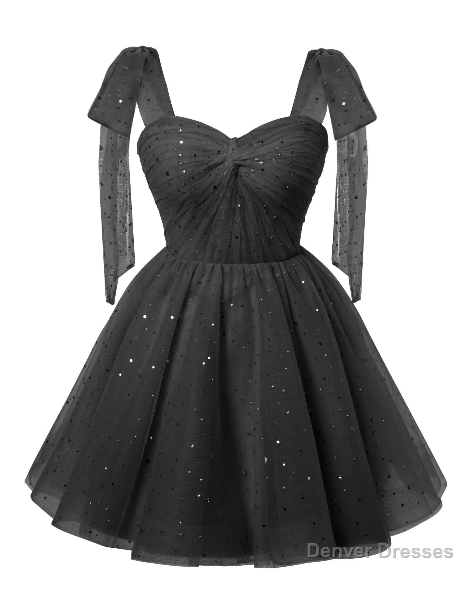 Sparkly Starry Black Tulle Short Homecoming Dresses Spaghetti Bow Straps Prom Dress Sequin Cocktail Party Dress for Teens Main image