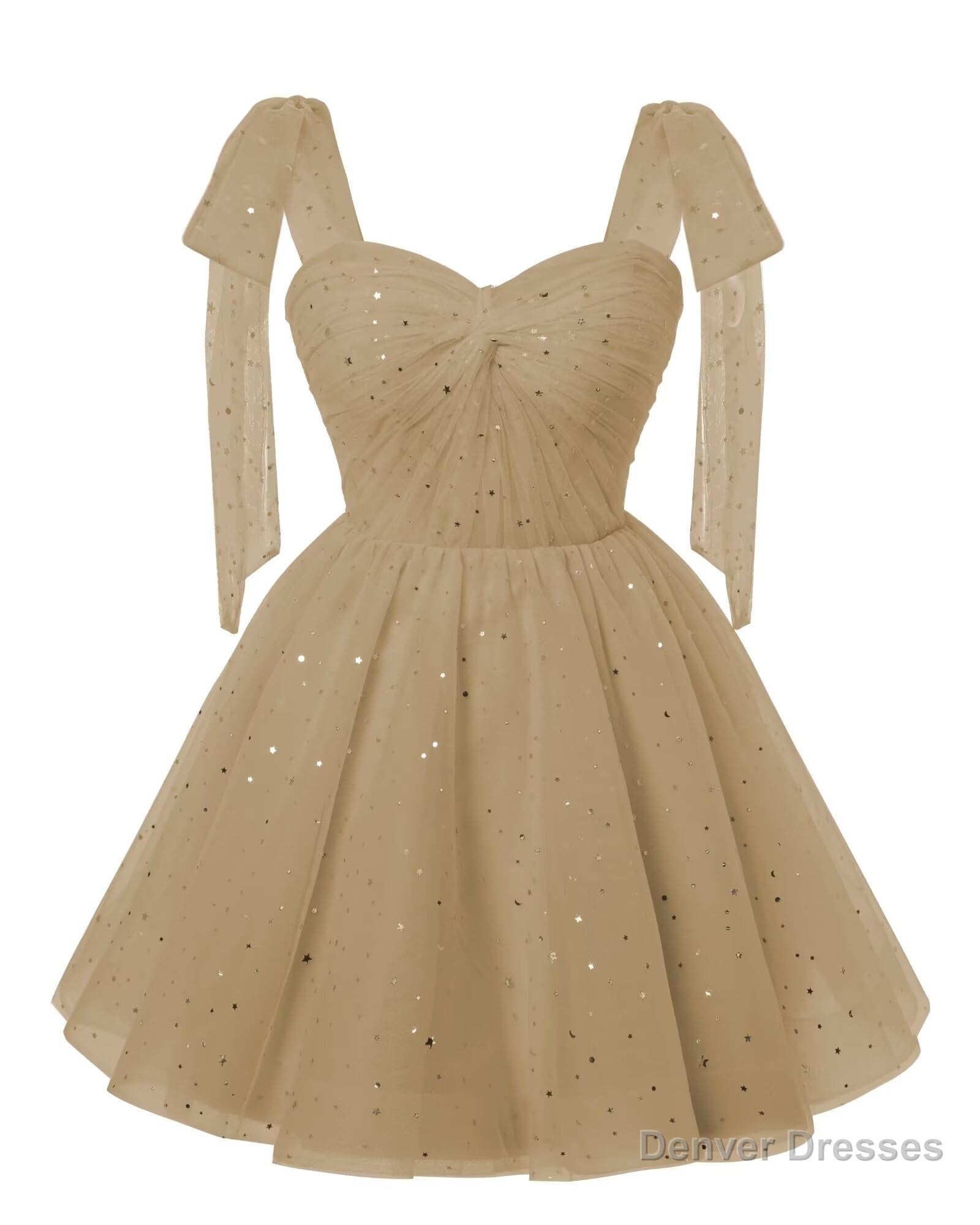 Sparkly Starry Champagne Tulle Short Homecoming Dresses Spaghetti Bow Straps Prom Dress Sequin Cocktail Party Dress for Teens Main image