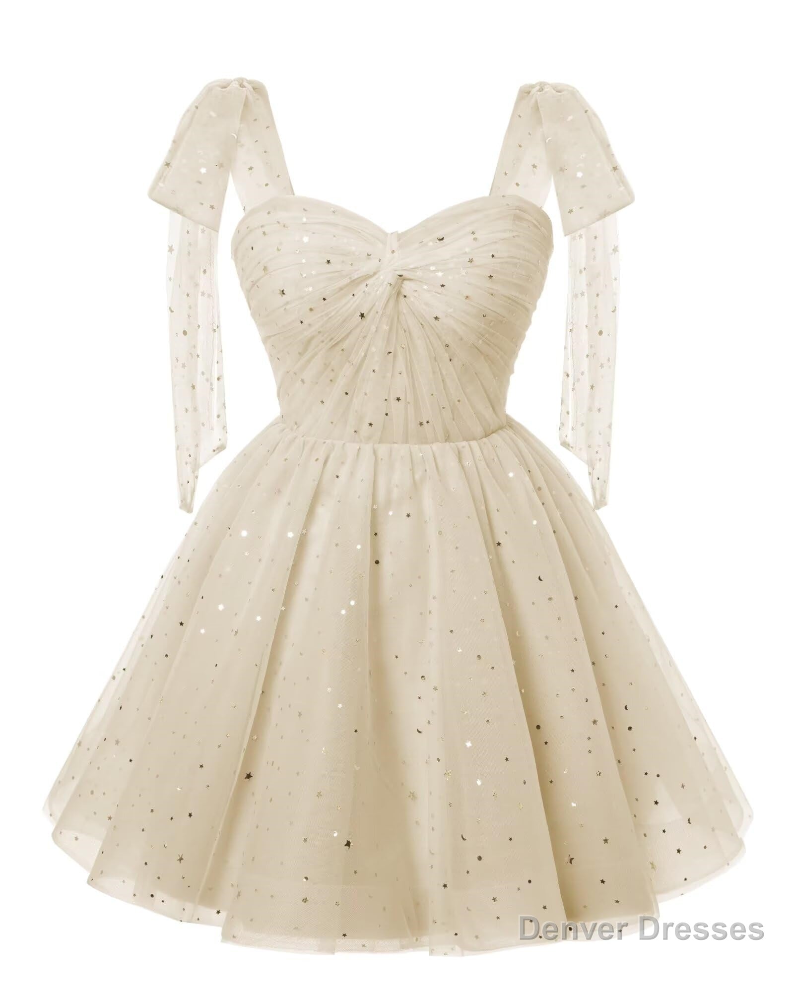 Sparkly Starry Light Champagne Tulle Short Homecoming Dresses Spaghetti Bow Straps Prom Dress Sequin Cocktail Party Dress for Teens Main image