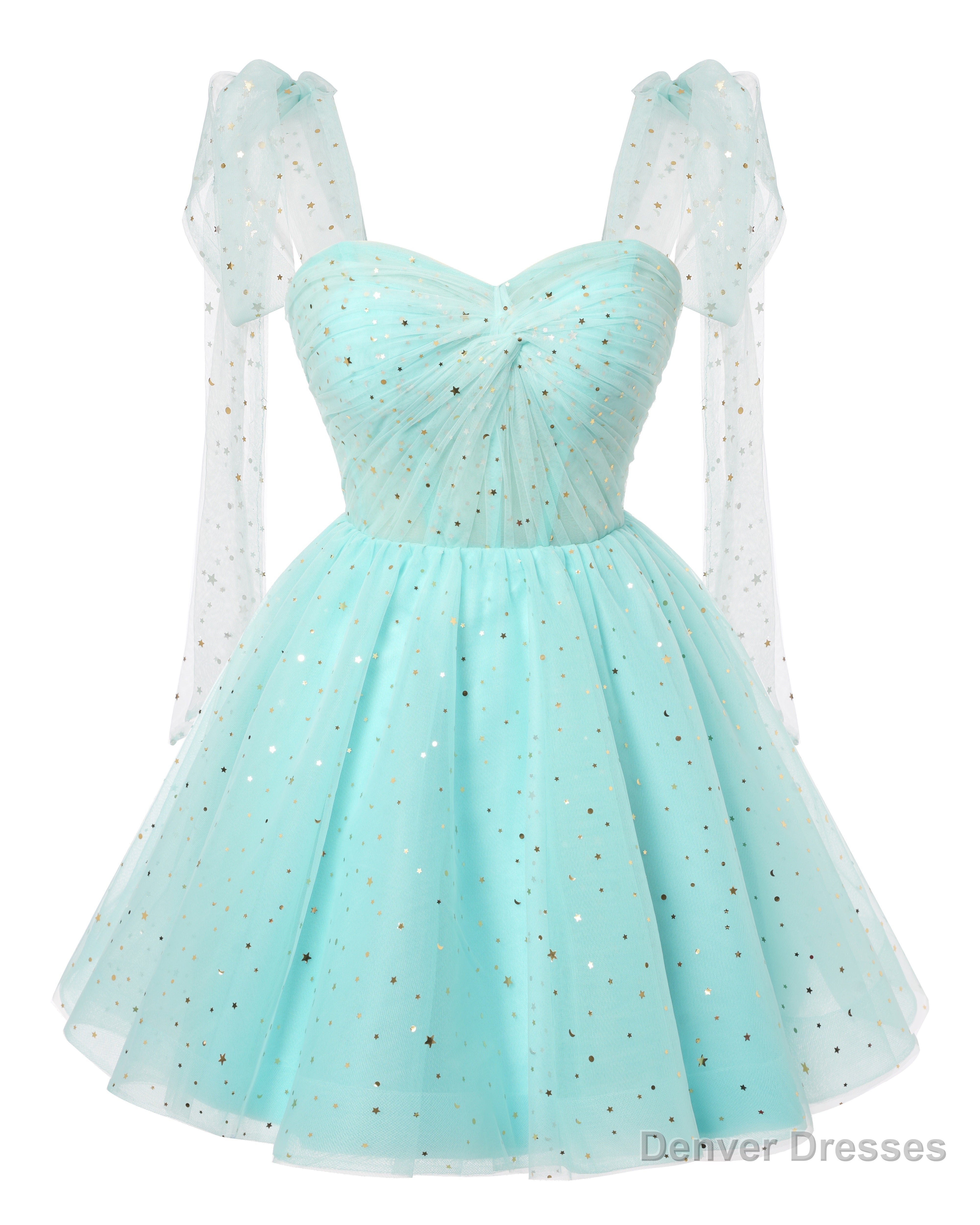 Sparkly Starry Mint Green Tulle Short Homecoming Dresses Spaghetti Bow Straps Prom Dress Sequin Cocktail Party Dress for Teens Main image