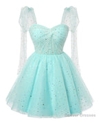 Sparkly Starry Mint Green Tulle Short Homecoming Dresses Spaghetti Bow Straps Prom Dress Sequin Cocktail Party Dress for Teens