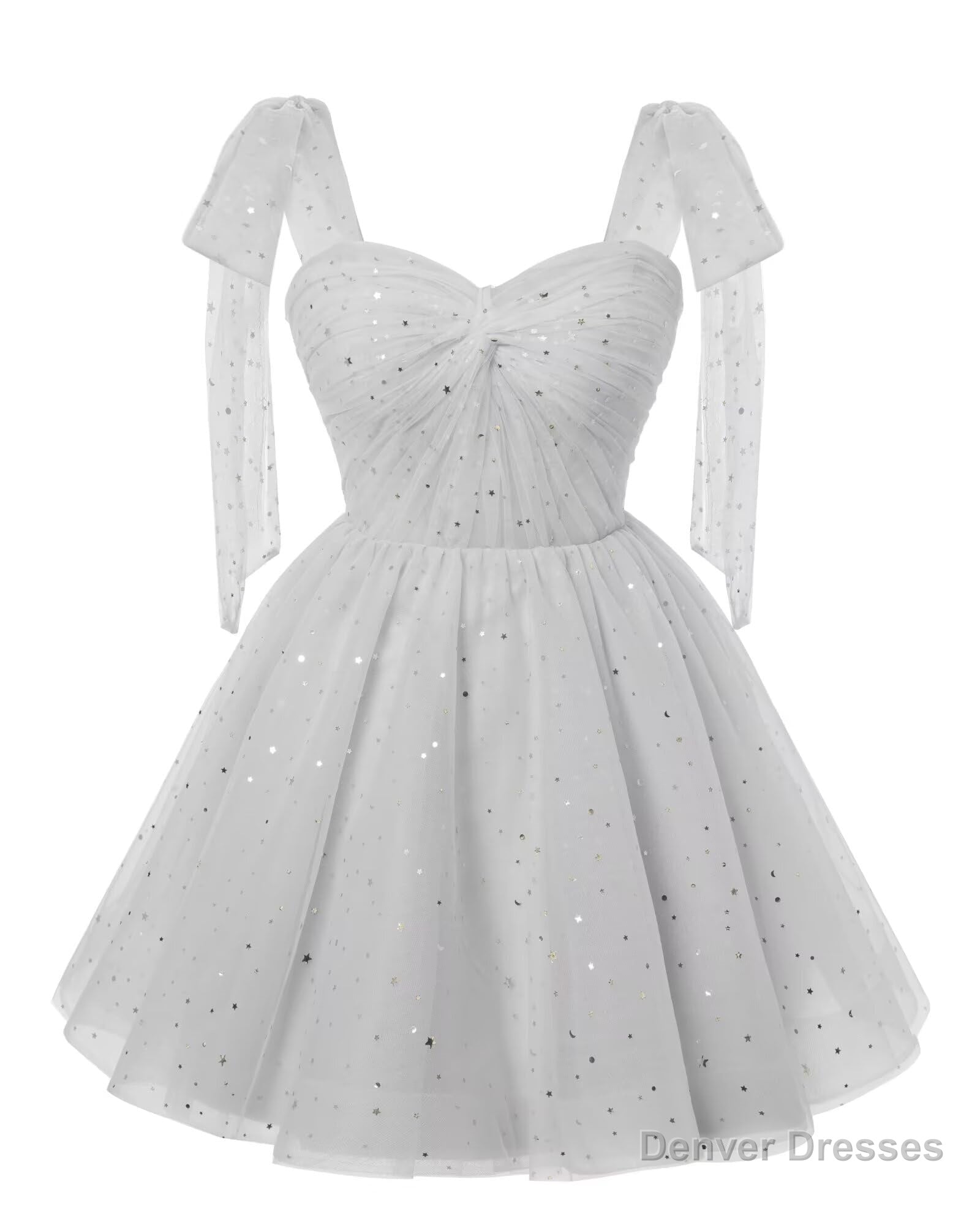 Sparkly Starry Silver Gray Tulle Short Homecoming Dresses Spaghetti Bow Straps Prom Dress Sequin Cocktail Party Dress for Teens Main image