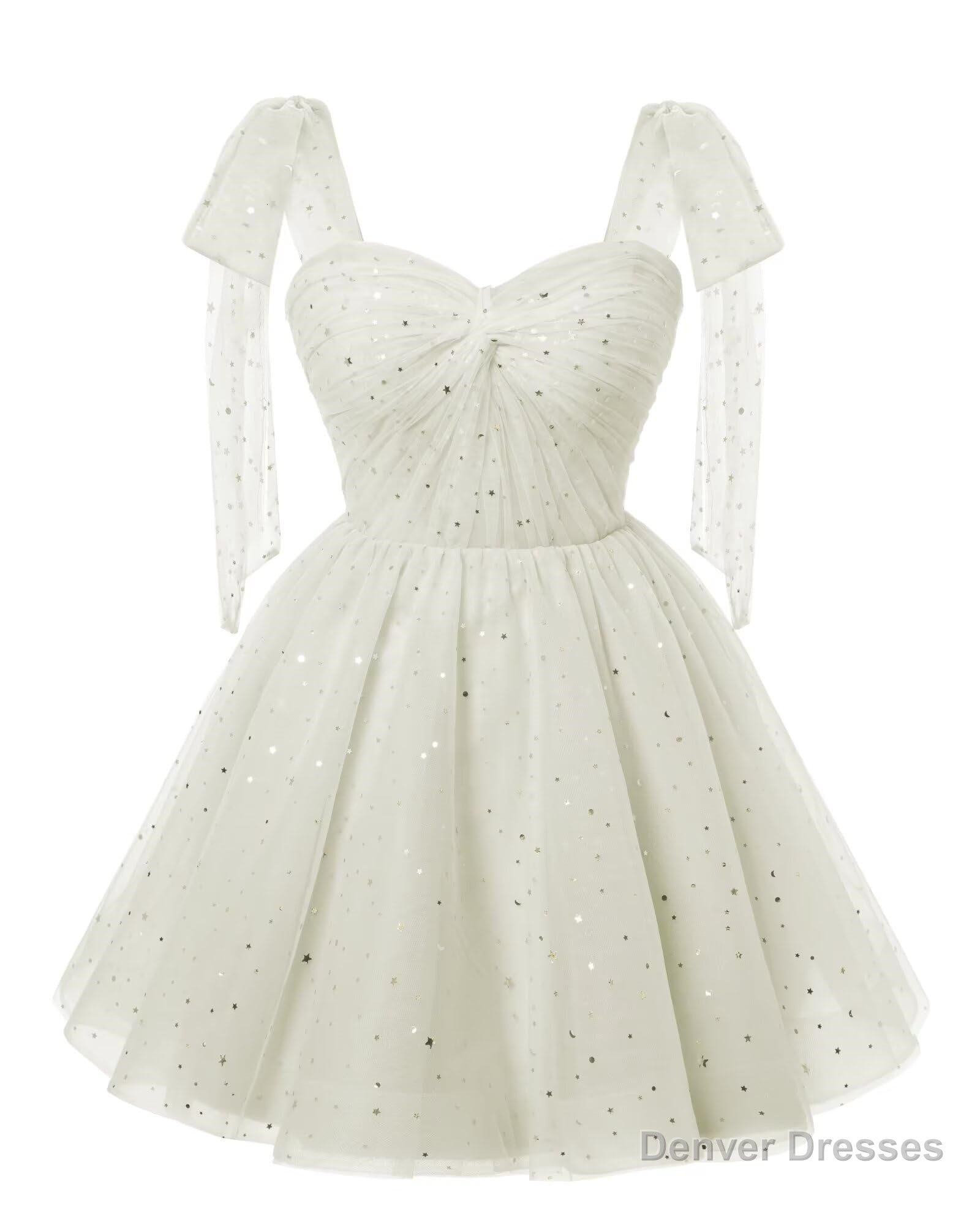 Sparkly Starry White Tulle Short Homecoming Dresses Spaghetti Bow Straps Prom Dress Sequin Cocktail Party Dress for Teens Secondary image