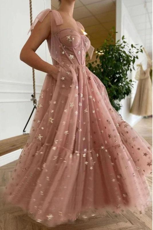 Sparkly Stars Tulle Blush Pink Prom Dresse Shiny Princess Evening Dress With Straps
