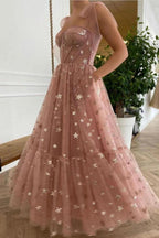 Sparkly Stars Tulle Blush Pink Prom Dresse Shiny Princess Evening Dress With Straps