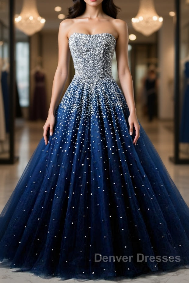 Sparkly Strapless Blue Prom Dress, Strapless Blue Long Formal Evening Dress Main image