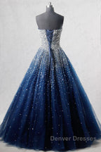 Sparkly Strapless Blue Prom Dress, Strapless Blue Long Formal Evening Dress