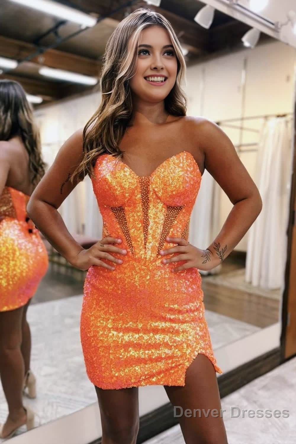 Sparkly Strapless Bodycon Sequin Short Homecoming Dress with Slit Secondary image