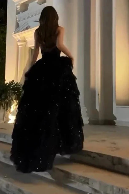 Sparkly Stunning Black Sequined Sleeveless Strapless Long Prom Dress With Split Secondary image