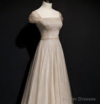 Sparkly Tulle Sequins Square Beading Prom Dress Long A Line Ball Gown Party Dress