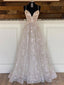 Sparkly V-Neck A-Line Spaghetti Straps Long Prom Dress Evening Dress,