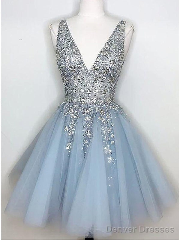 Sparkly V-Neck A-Line Tulle Short Blue Homecoming Dresses Online,