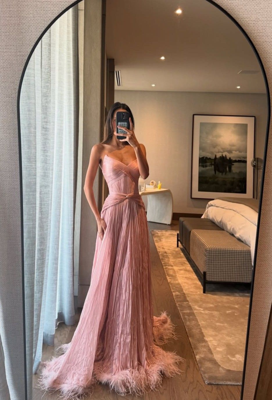 Special A Line Sweetheart Pleated Chiffon Pink Sleeveless Feathers Long Prom Dress Inspo Prom Gown