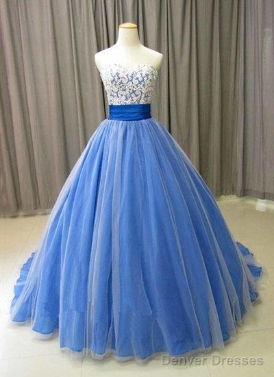 Spring Blue Tulle Long Formal Lace Prom Dress, Evening Dress Main image