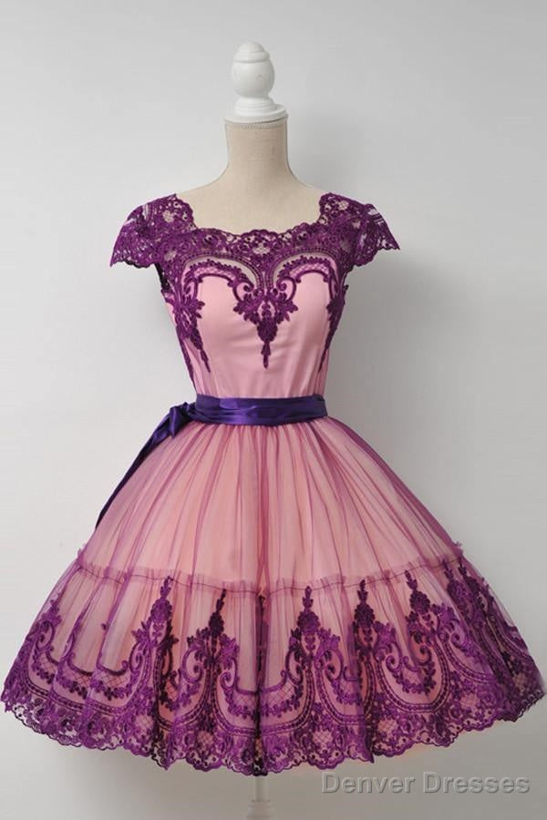 Square Cap Sleeves Knee-Length Purple Homecoming Dress With Sash Main image