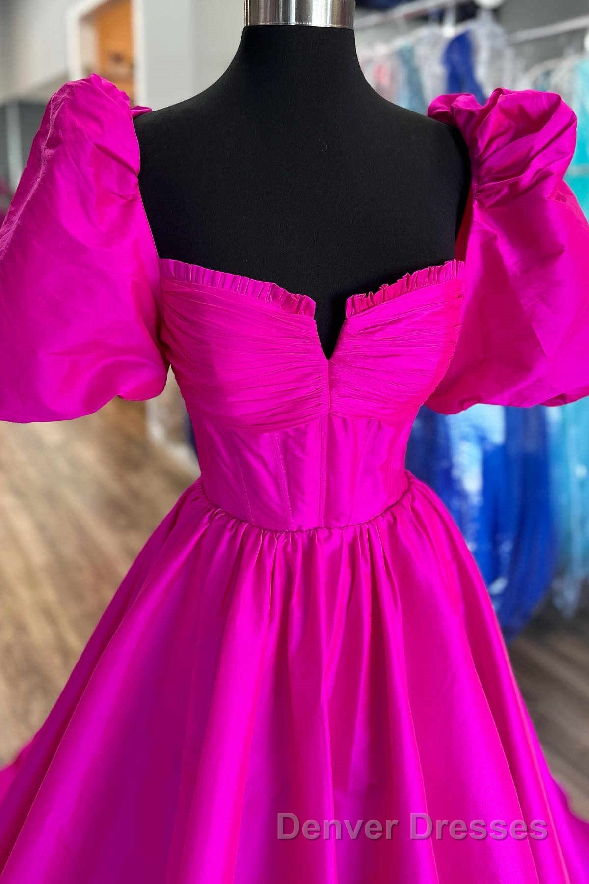 Square Neck Fuchsia Puff Sleeves A-Line Prom Dress Secondary image