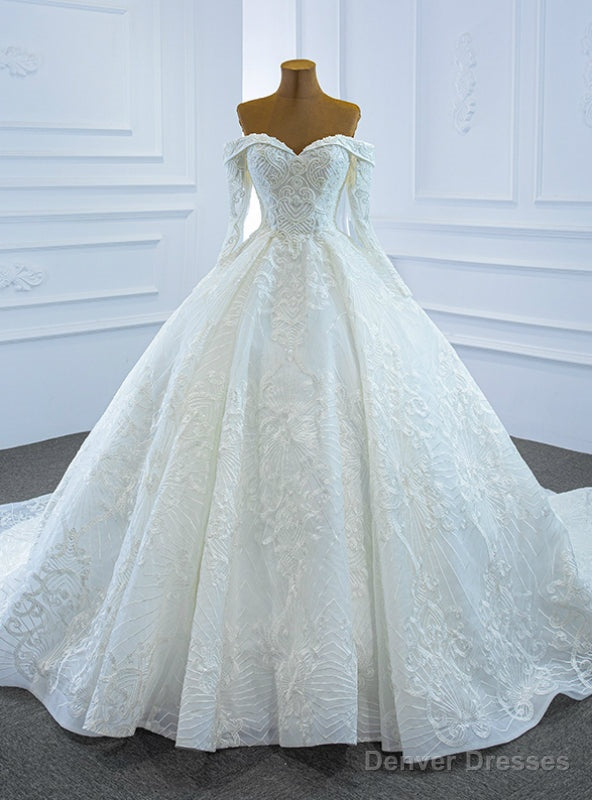 Stand Out With White Tulle Embrodiery Appliques Off the Shoulder Long Sleeve Beading Sequins Wedding Dress Main image