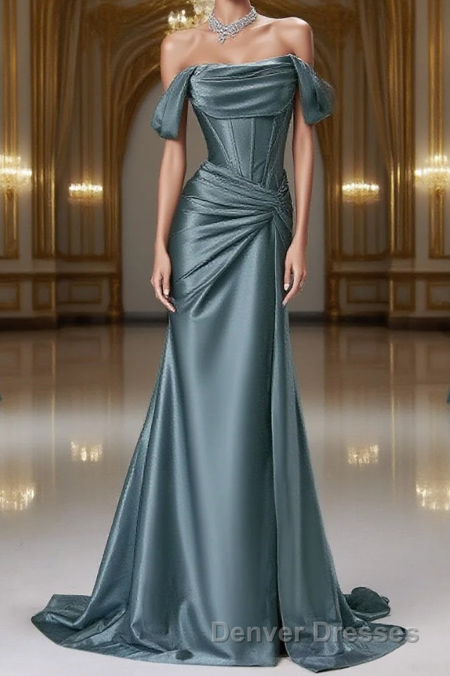 Steel Blue Silk Evening Dress - Corset Back Prom Dress with Off-the-Shoulder Design Plus Size Main image