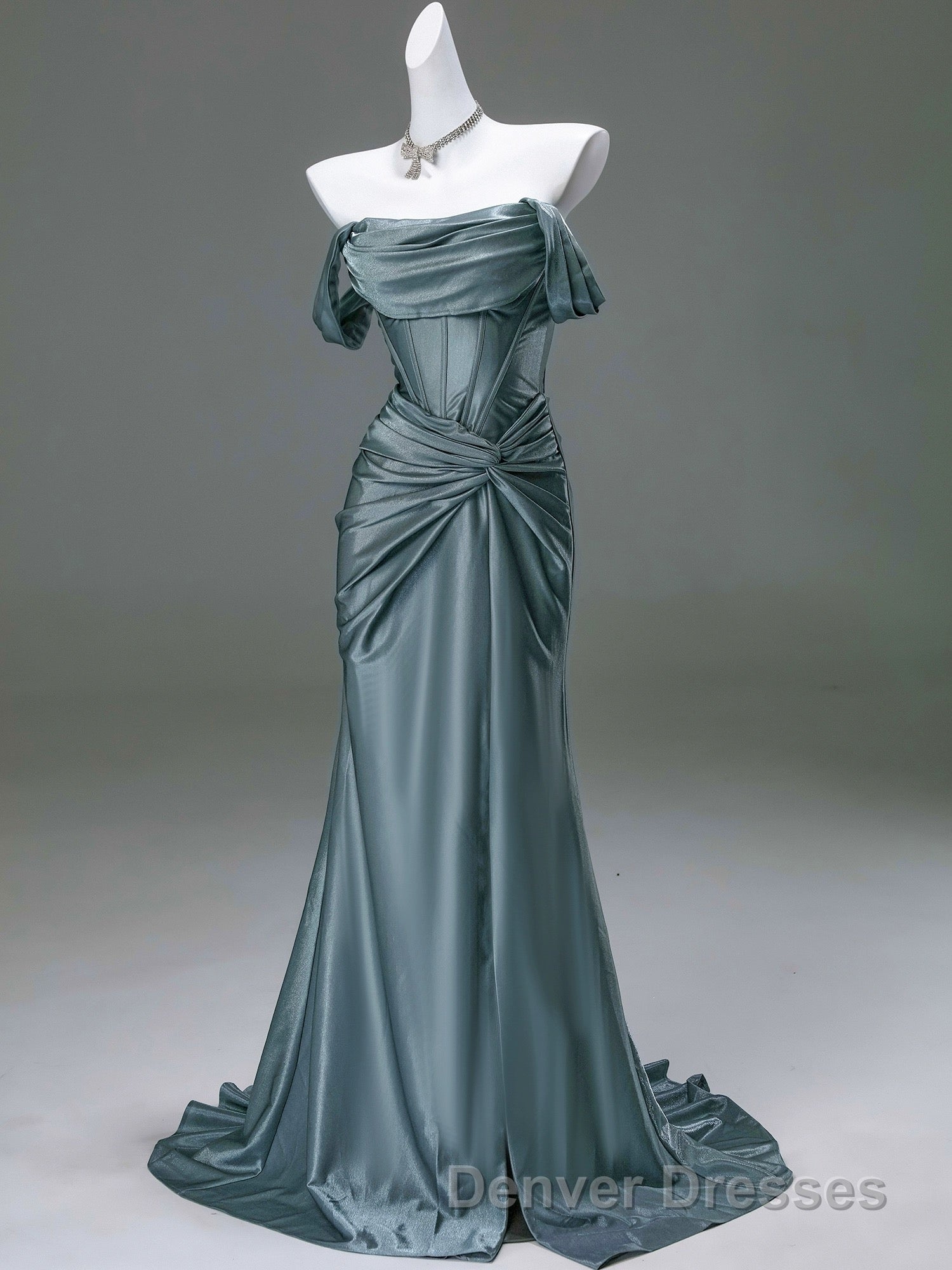 Steel Blue Silk Evening Dress - Corset Back Wedding Dress with Off-the-Shoulder Design Plus Size