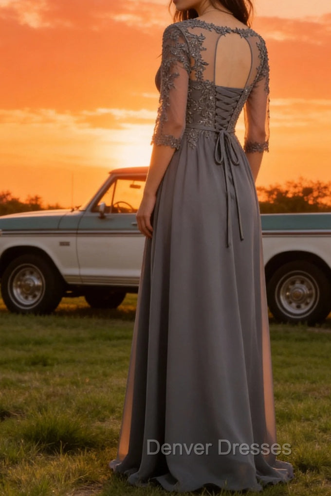 Steel Grey Appliqued A Line Pleated Beaded Mother Of The Bride Dress with Half Sleeves Secondary image