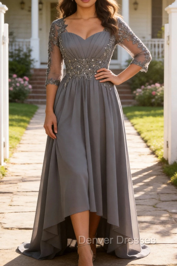 Steel Grey Appliqued A Line Pleated Beaded Mother Of The Bride Dress with Half Sleeves Main image
