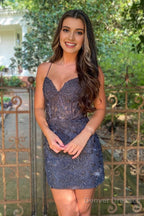 Stormy Spaghetti Straps Tight Short Homecoming Dress with Appliques