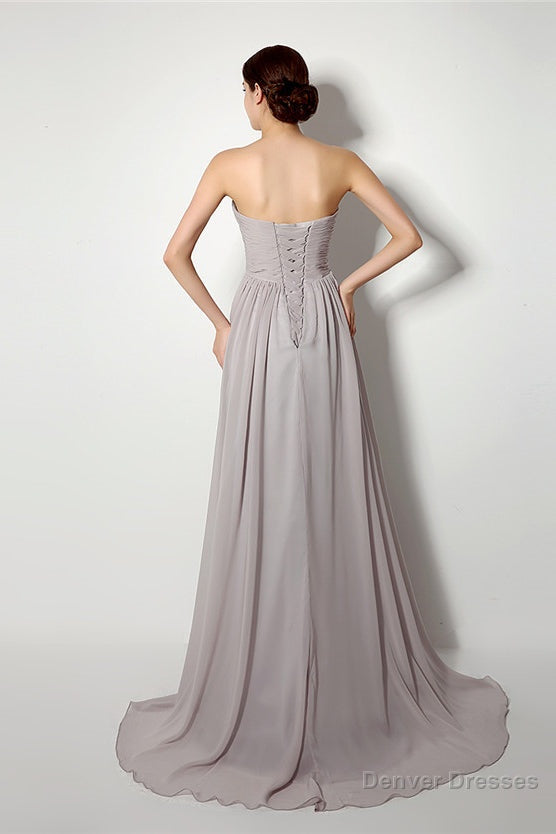 Strapless A Line Chiffon Long Silver Bridesmaid Dresses