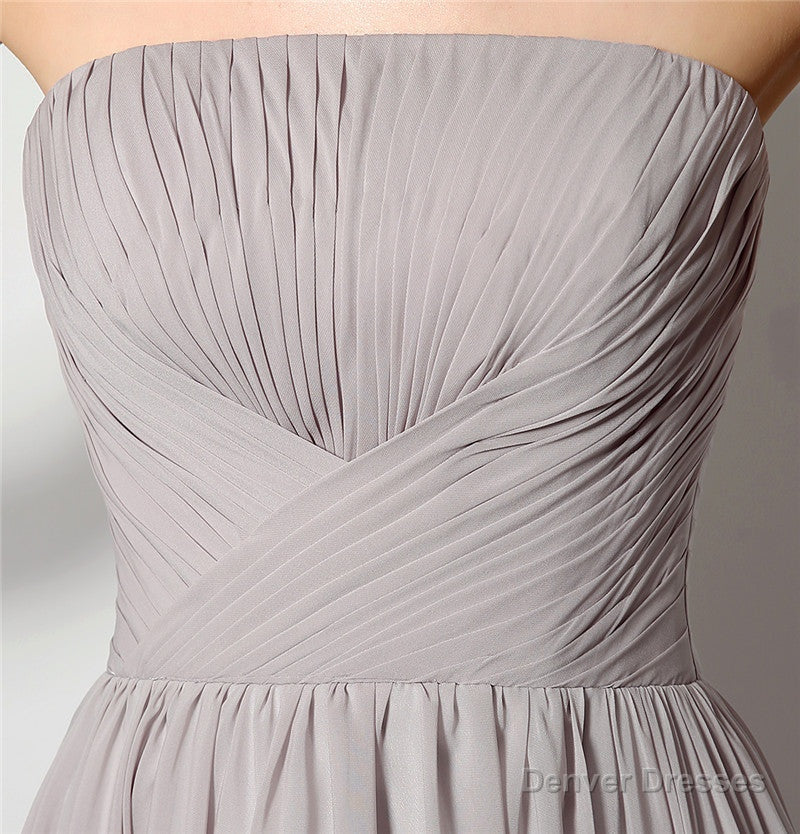 Strapless A Line Chiffon Long Silver Bridesmaid Dresses
