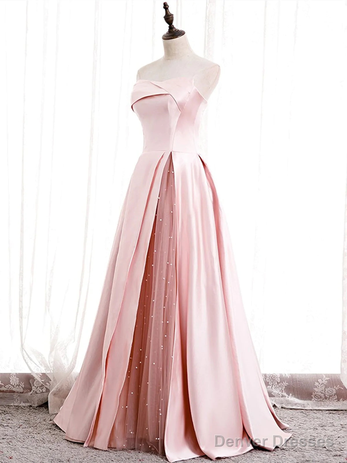 Strapless A-line Pink Satin Prom Dresses, Pink Satin Long Party Dress Main image