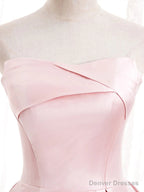 Strapless A-line Pink Satin Prom Dresses, Pink Satin Long Party Dress