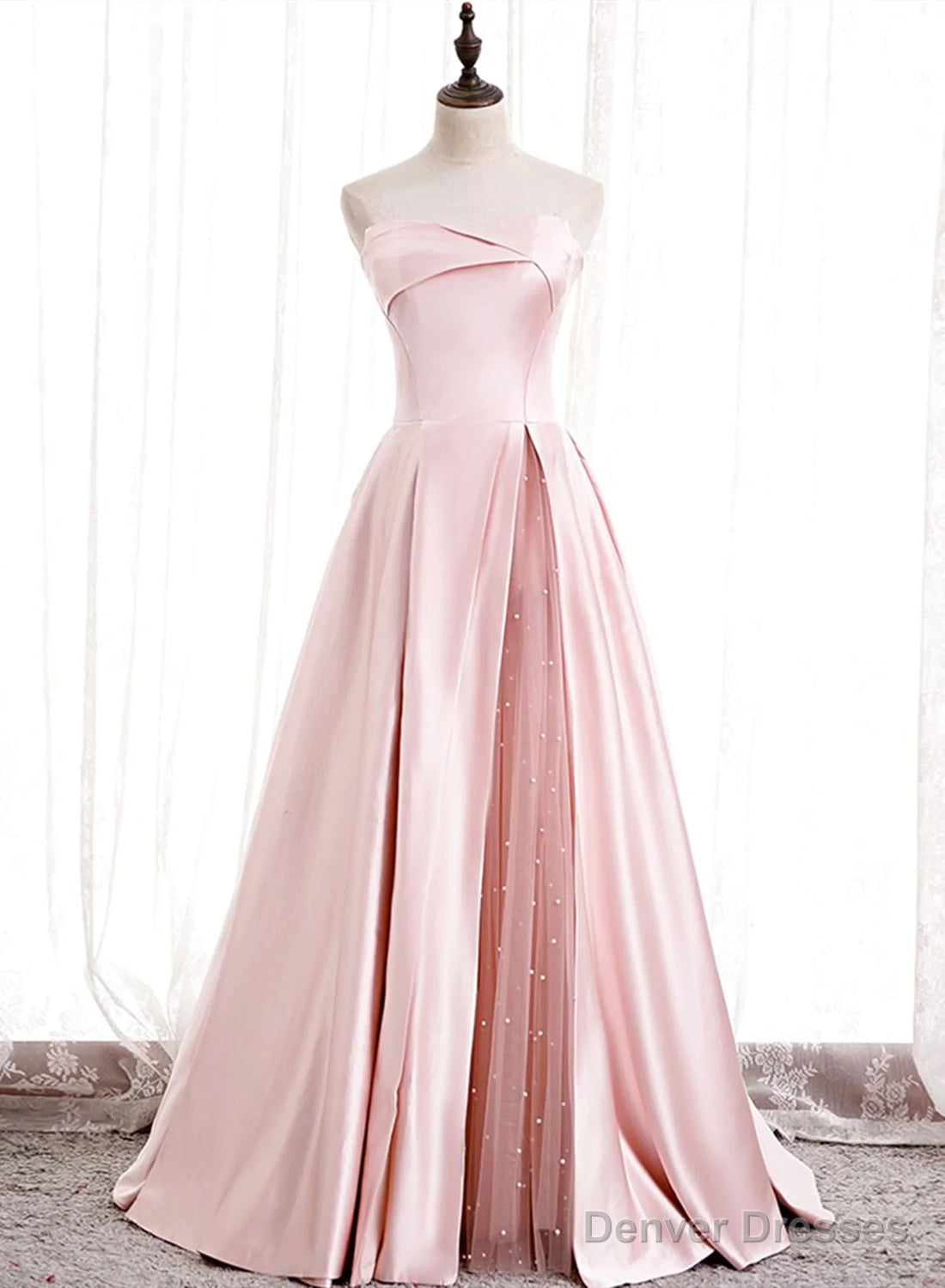Strapless A-line Pink Satin Prom Dresses, Pink Satin Long Party Dress Secondary image