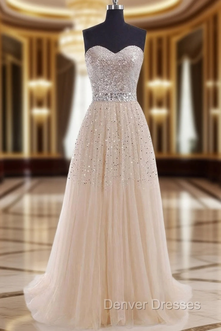 Strapless A-Line/Princess Sweep Train Tulle Prom Dress With Beaded Main image
