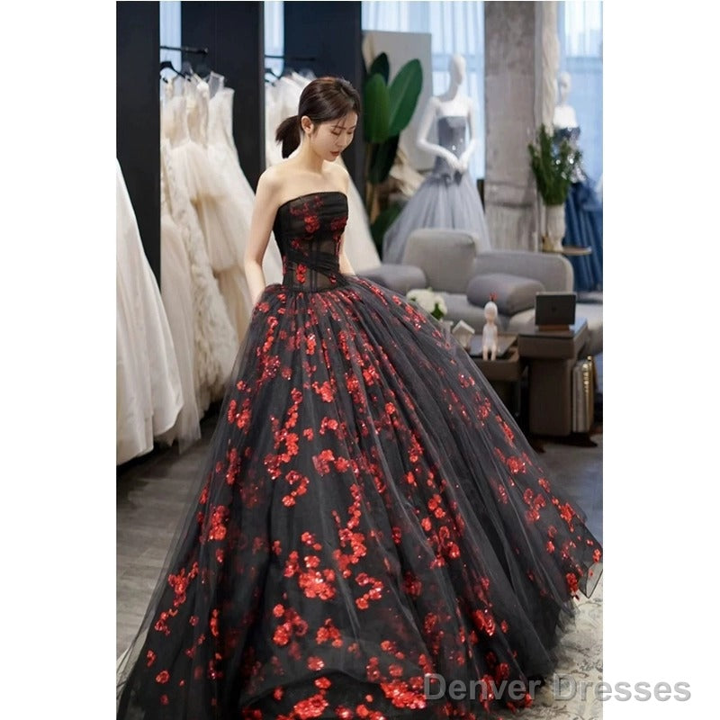 Strapless A Line Tulle Prom Dress Applique Black Ball Gown Secondary image