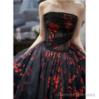 Strapless A Line Tulle Prom Dress Applique Black Ball Gown