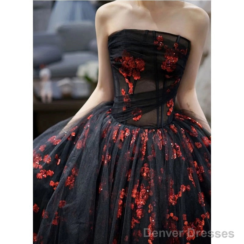 Strapless A Line Tulle Prom Dress Applique Black Ball Gown