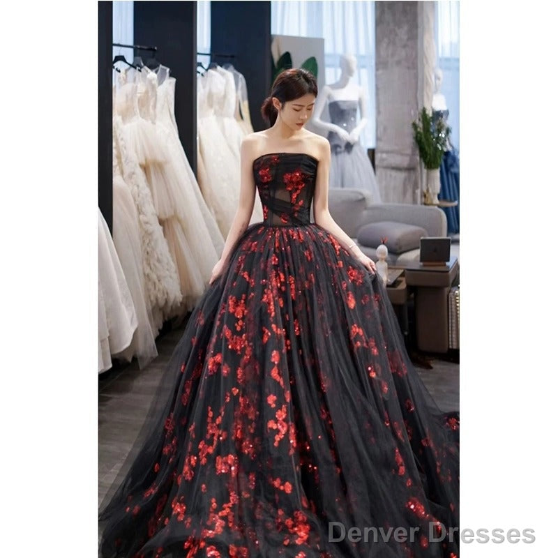 Strapless A Line Tulle Prom Dress Applique Black Ball Gown Main image