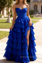 Strapless A-Line Waist Corset Ruffle Long Prom Dress With Split