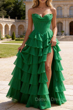 Strapless A-Line Waist Corset Ruffle Long Prom Dress With Split