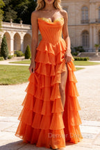 Strapless A-Line Waist Corset Ruffle Long Prom Dress With Split