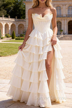 Strapless A-Line Waist Corset Ruffle Long Prom Dress With Split