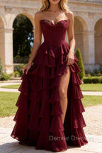Strapless A-Line Waist Corset Ruffle Long Prom Dress With Split