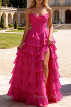 Strapless A-Line Waist Corset Ruffle Long Prom Dress With Split