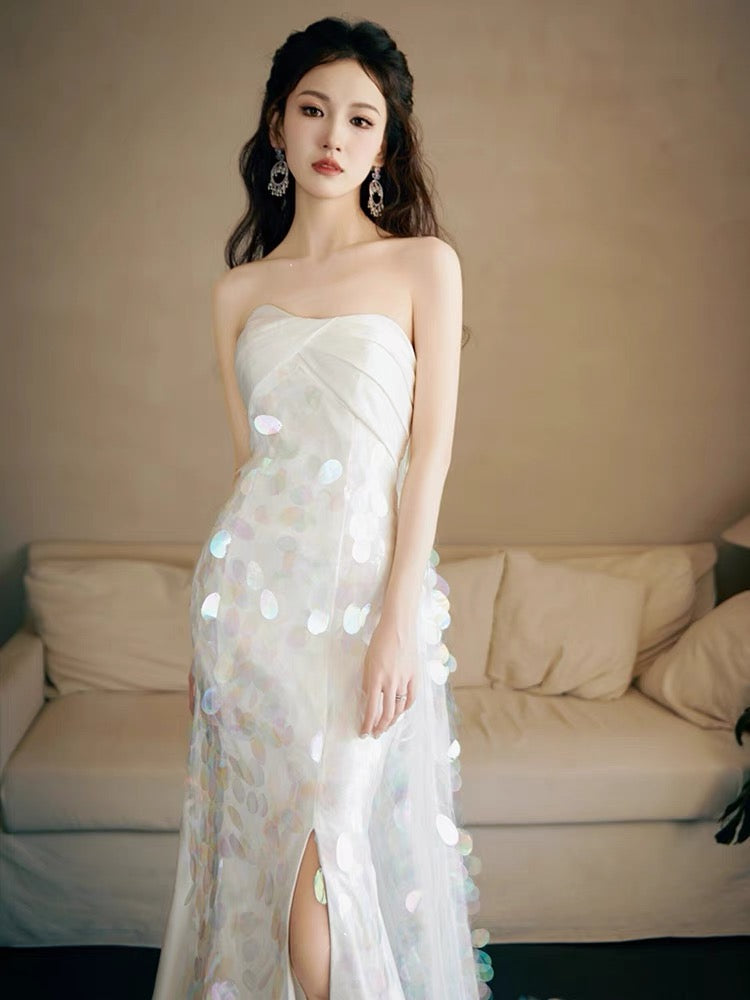 Strapless A Line White Sequin Long Prom Dress Formal Party Dress Secondary image