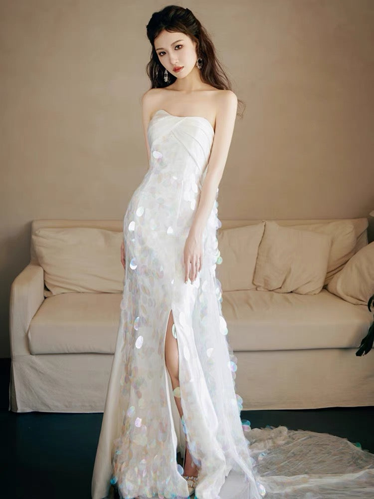 Strapless A Line White Sequin Long Prom Dress Formal Party Dress