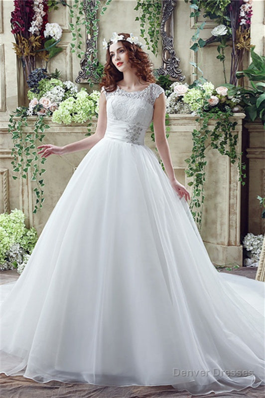 Strapless Appliques Lace Train Wedding Dresses With Crystals Main image