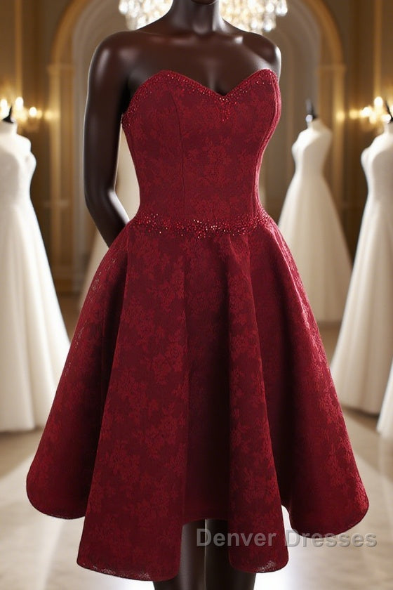 Strapless Backless Burgundy Lace Short Prom Dress, Short Burgundy Lace Homecoming Dress Main image