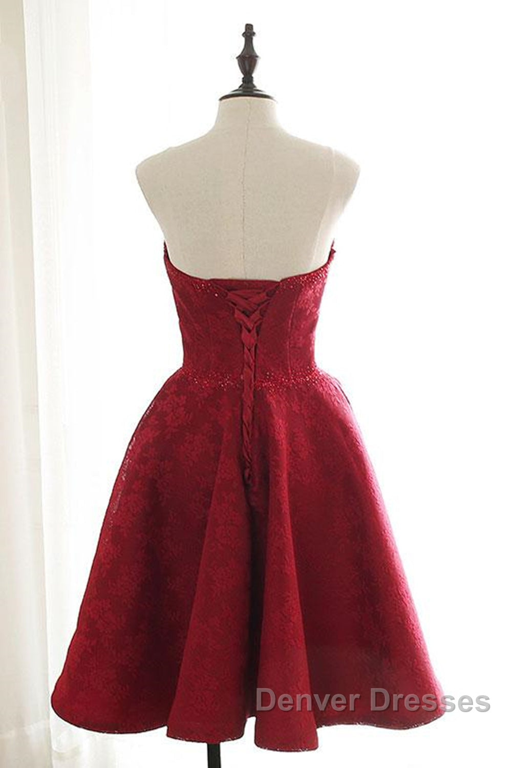 Strapless Backless Burgundy Lace Short Prom Dress, Short Burgundy Lace Homecoming Dress Secondary image