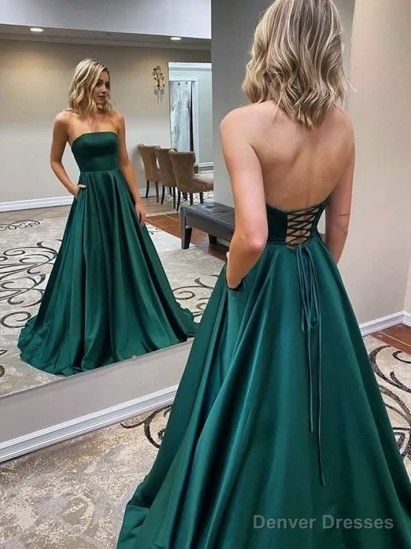 Strapless Backless Emerald Green Long Prom with Pocket, Backless Emerald Green Formal Graduation Evening