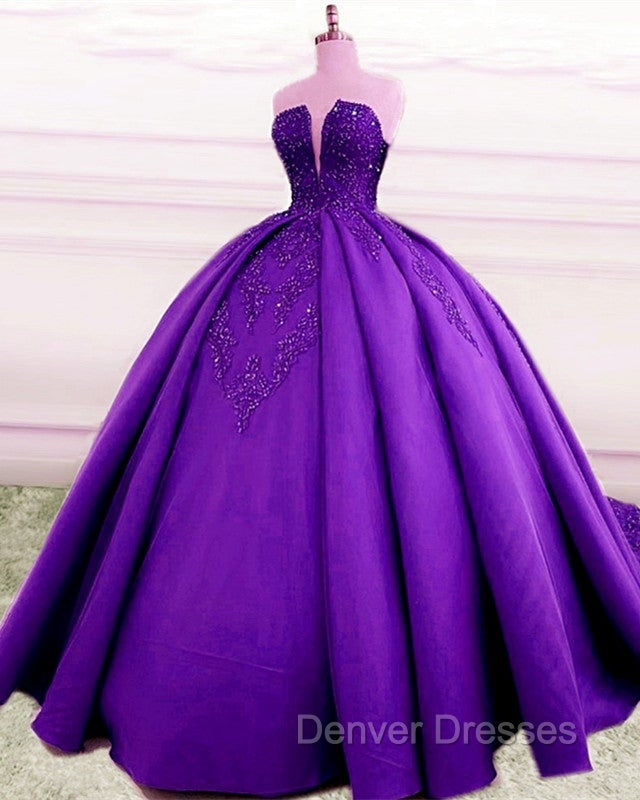 Strapless Ball Gown Satin Dress Lace Appliques